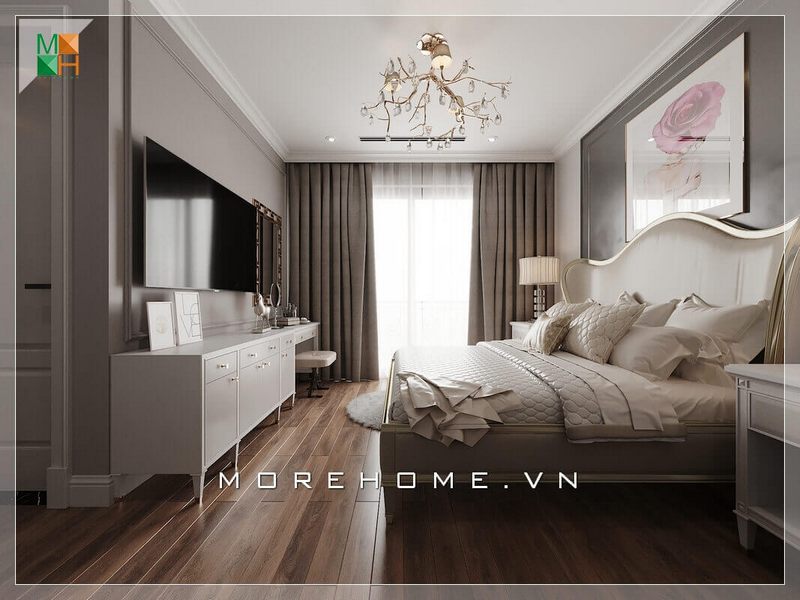 Nội thất phòng ngủ của các căn hộ chung cư, nhà phố, biệt thự mang phong cách tân cổ điển sẽ làm bạn thấy sự đơn giản, tinh tế và sang trọng mà không hề rườm rà hay cầu kỳ. Điểm nhấn của phong cách này là tập trung vào cách sử dụng đồ trong phòng, giường ngủ được thiết kế với những họa tiết uốn lượn tinh tế, trần nhà được trang trí với cây đèn chùm sang trọng, tường và những đường cong trong đồ dùng nội thất khác.