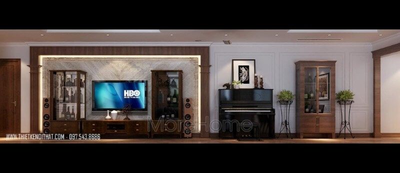 Tone gỗ màu trầm ấn tượng, nội thất phòng khách chung cư được trang bị sang trọng và lôi cuốn hơn bằng cách sử dụng kệ tủ gỗ óc chó cao cấp.
